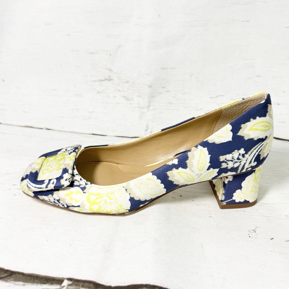 Talbots Shoes Women's 7M Blue Yellow Pumps Kitten Heel Square Toe Floral NWOB